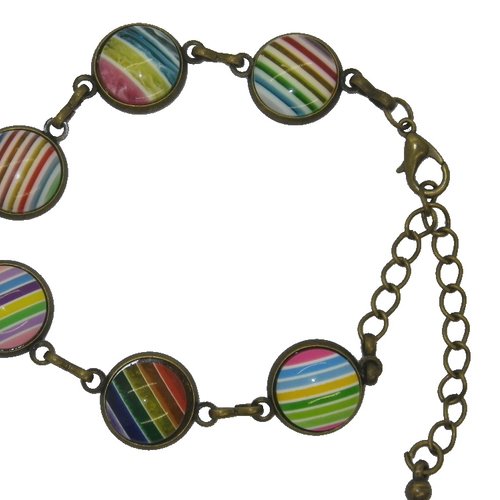 Bracelet couleur bronze et 5 cabochons aux rayures multicolores