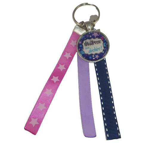 Porte clés violet, rose et bleu "maîtresse qui déchire"