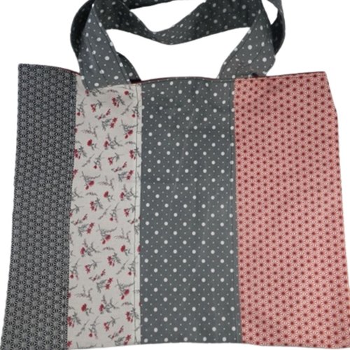 Grand sac cabas patchwork gris / blanc / rouge / noir tissus