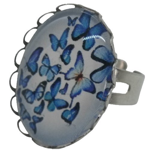 Bague argentée motif papillons bleus