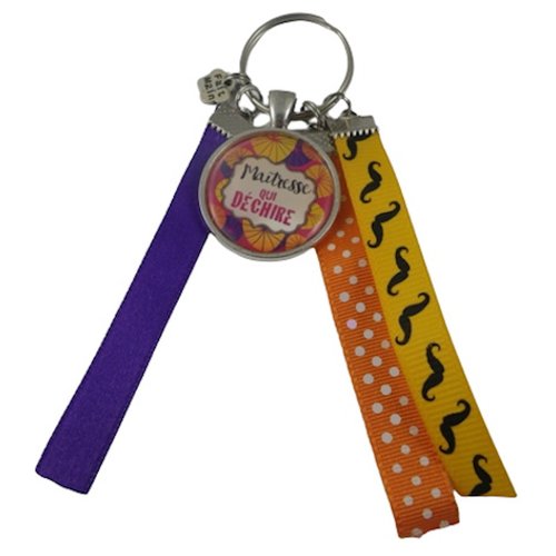 Porte clés violet, orange et jaune "maîtresse qui déchire"