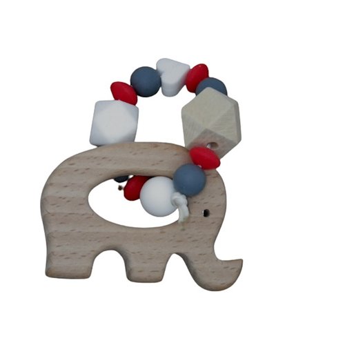 Anneau de dentition éléphant rouge et gris inspiration montessori