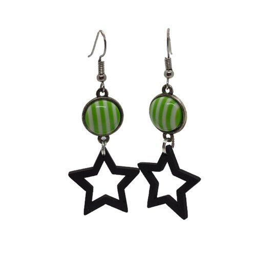 Boucles d'oreilles argent et cabochon rayures vertes et blanches et étoile noire