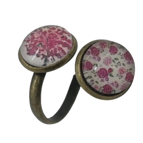 Bague double cabochons arbre et liberty rose