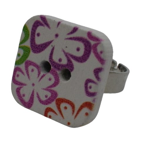 Bague bouton carré en bois fleurs violettes et rouges