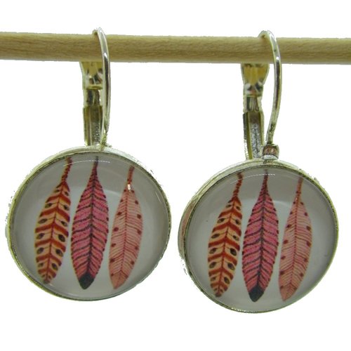 Boucles d'oreilles argent cabochon plumes rouges / roses