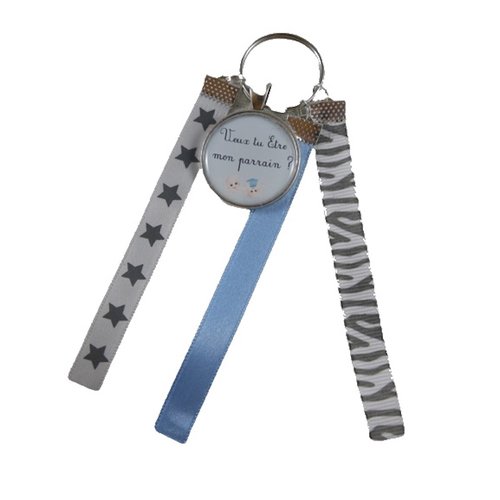 Porte clés bleu et gris "veux-tu être mon parrain ?"