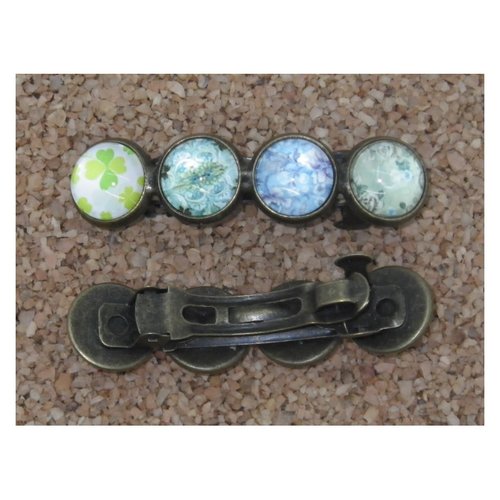 Barrette bronze et cabochons verts et bleus