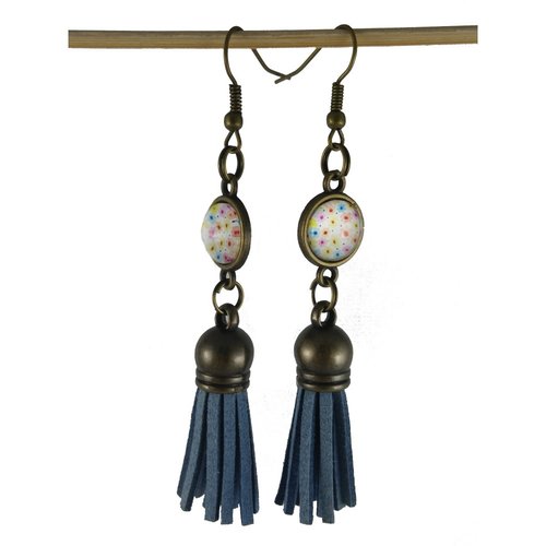 Boucles d'oreilles fleurs multicolores et pompon simili cuir bleu