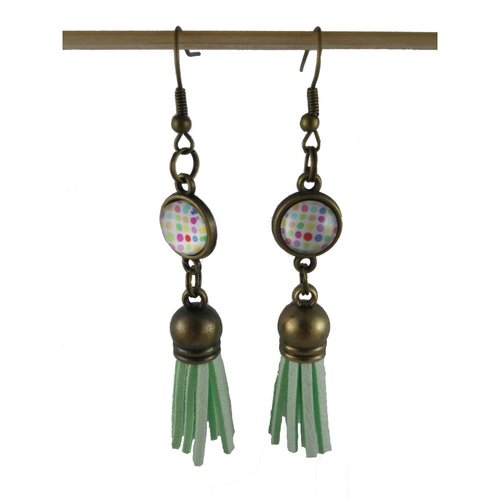 Boucles d'oreilles pois multicolores et pompon simili cuir vert