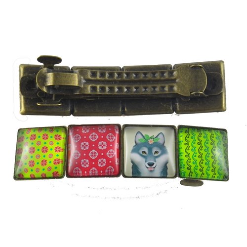 Barrette bronze loup et cabochons carrés verts et roses