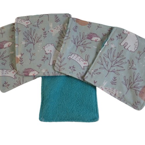 Lot de 5 lingettes démaquillantes / lingettes bébé vertes / bleues et petits animaux