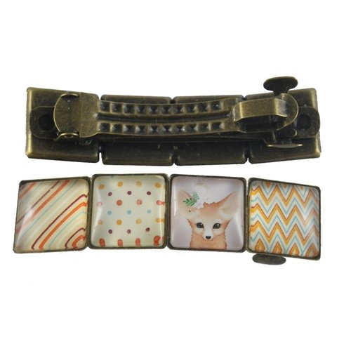 Barrette bronze fennec cabochons carrés oranges et colorés