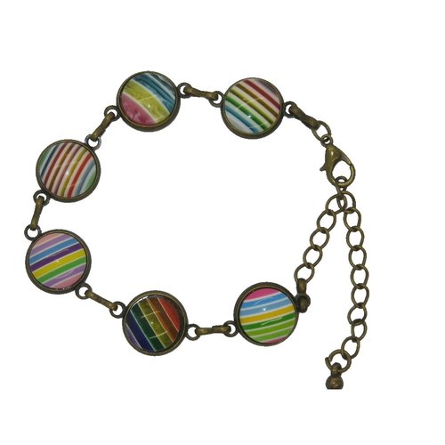 Bracelet couleur bronze et 5 cabochons aux rayures multicolores