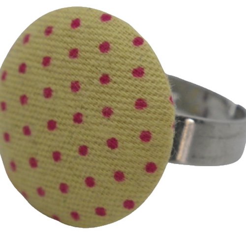 Bague argentée tissu jaune à pois rose fuchsia