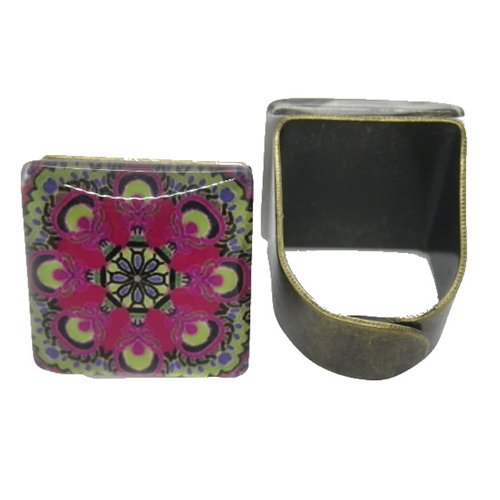 Bague carrée bronze cabochon rosace rose fuchsia et jaune fluo