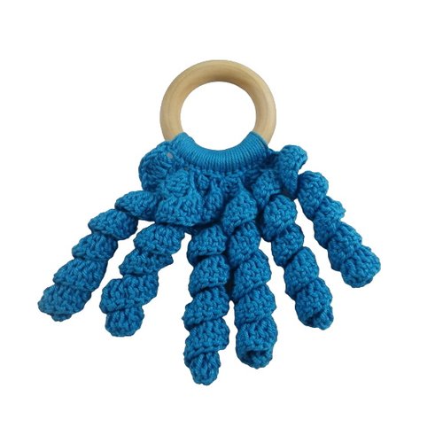 Anneau de dentition pieuvre bleu bois et crochet