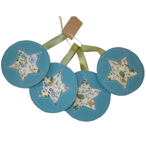 4 boules de noël en simili cuir bleu et liberty bleu et vert