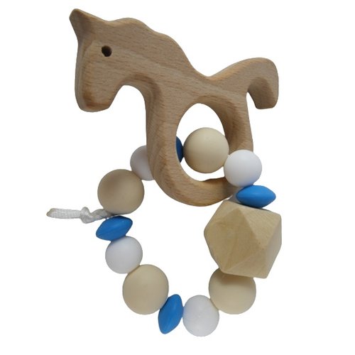 Anneau de dentition cheval bleu et blanc inspiration montessori