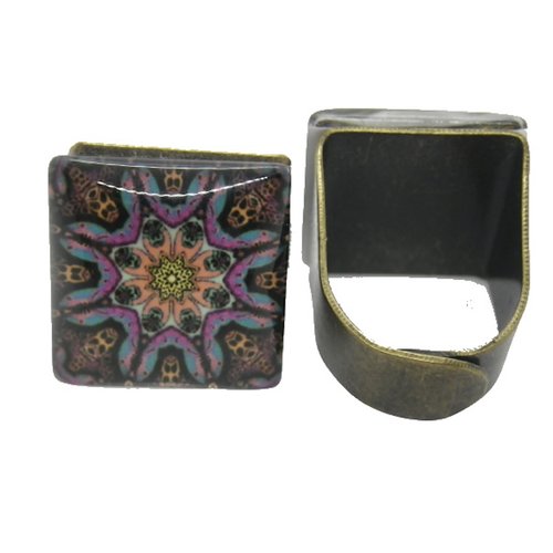 Bague carrée bronze cabochon rosace multicolore