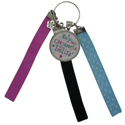 Porte clés bleu, rose et noir "la plus chouette des instits"