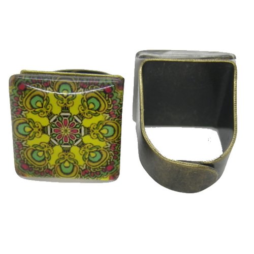 Bague carrée bronze cabochon rosace jaune et multicolore