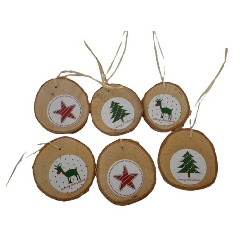 Lot de 6 rondelles de bois et motifs de noël rouges et verts