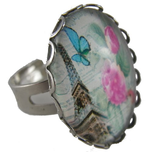 Bague argentée, bleu et rose motif tour eiffel