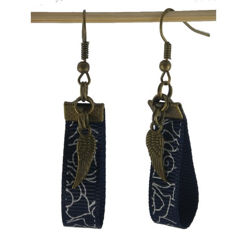 Boucles d'oreilles bronze et bleu marine et breloque plume