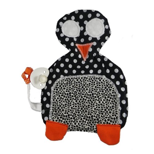 Pingouin attache tétine noir et orange en tissus de coton dans les tons noirs et oranges