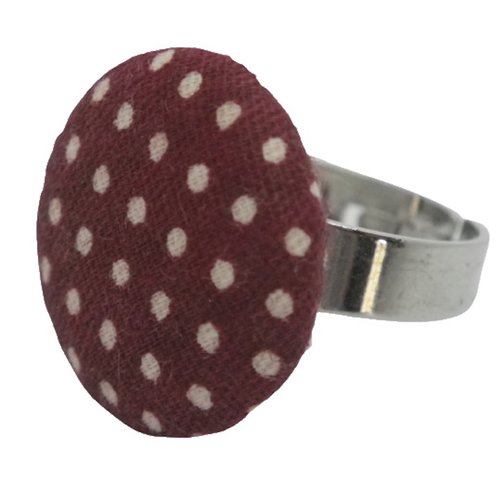 Bague argentée tissu marron à pois blancs cassés