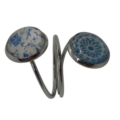 Bague argentée double cabochons bleus rosace et liberty