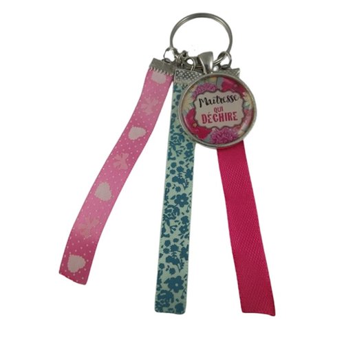 Porte clés bleu et rose "maîtresse qui déchire"