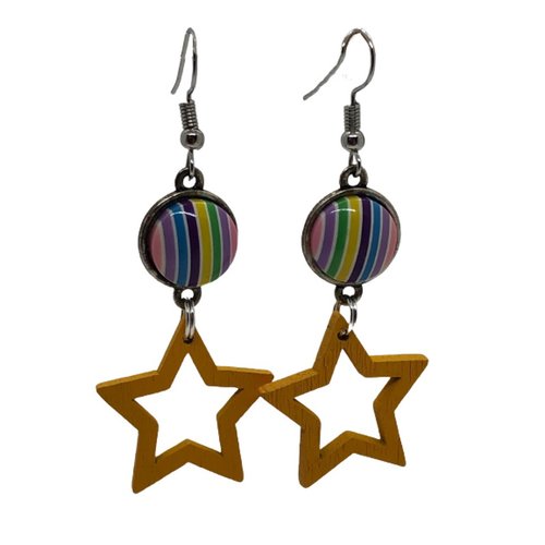 Boucles d'oreilles argent et cabochon rayures multicolores et étoile jaune