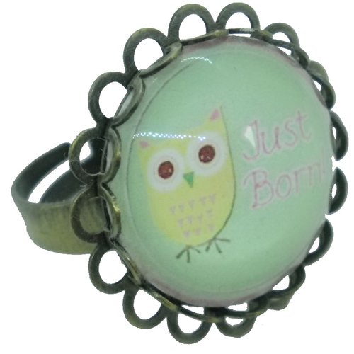 Bague chouette / hibou bronze, vert et jaune
