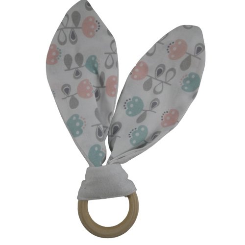 Anneau de dentition fleurs bleues, roses et grises oreilles inspiration montessori