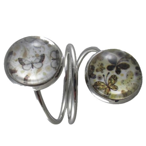 Bague double argentée cabochons beiges papillons