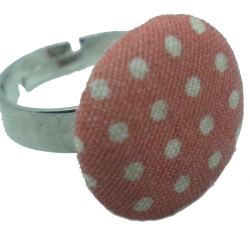 Bague argentée tissu rose à pois blancs