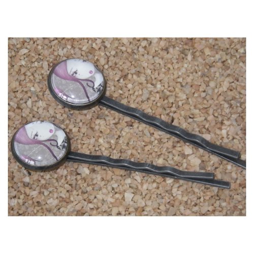 Lot de 2 barrettes en métal couleur bronze et cabochon petite fille rose