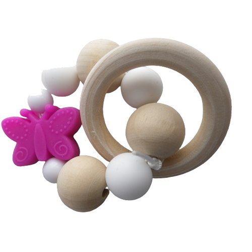 Anneau de dentition blanc et rose papillon inspiration montessori