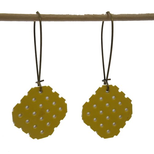 Boucles d'oreilles bronze et vinyle perforé jaune