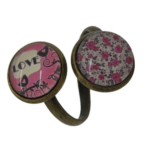 Bague double cabochons liberty, oiseau et love
