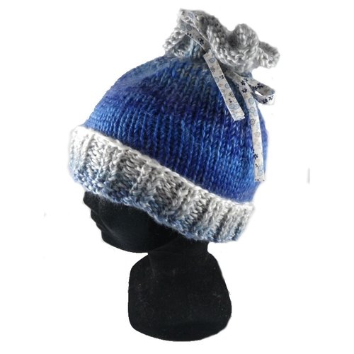 Bonnet  chiné bleu / gris et son ruban