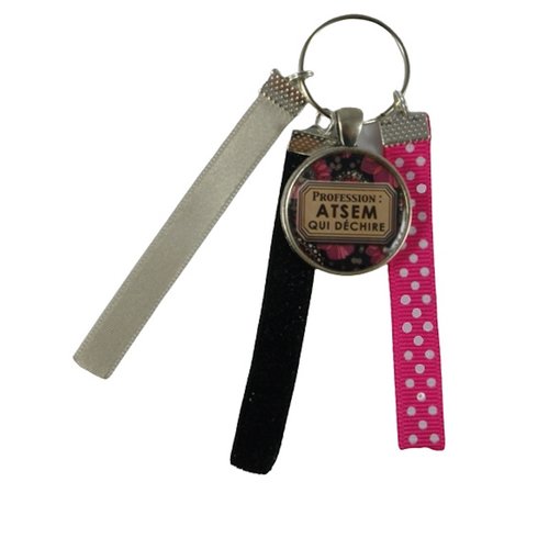 Porte clés rose et beige "profession : atsem qui déchire"