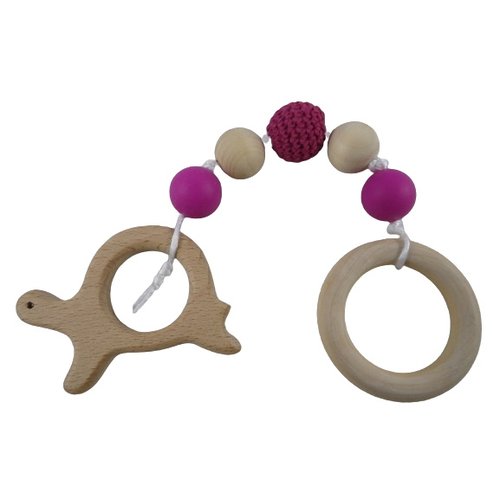 Hochet de dentition tortue beige et fuchsia inspiration montessori