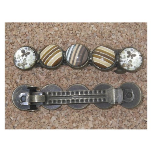 Barrette bronze et cabochons beiges / marrons rayures et papillons