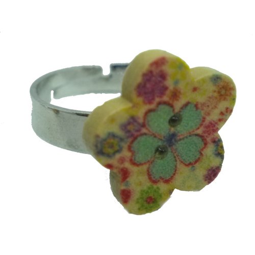 Bague bouton fleur en bois fleur turquoise