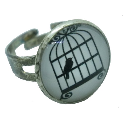 Bague argentée, noire et blanche oiseau en cage
