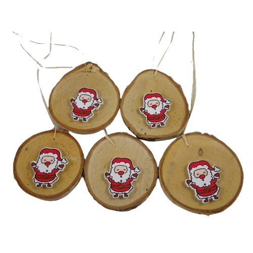 5 boules de noël en bois et père noël