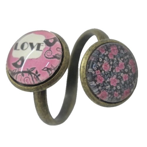 Bague double rose et bleu marine cabochons oiseau et liberty